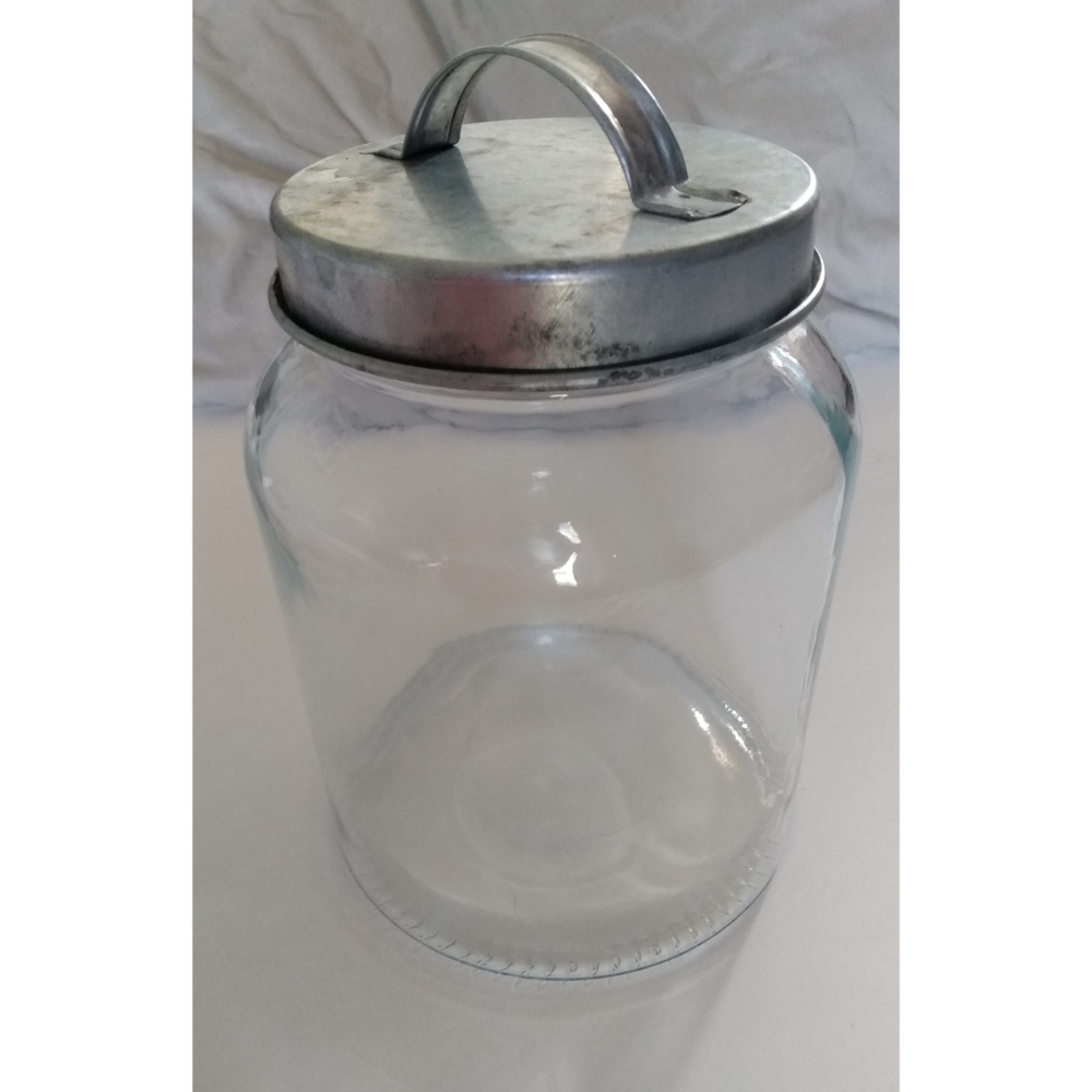 8" Glass Jar with 6" mouth and galvanize look lid with handle